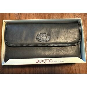 Buxton Black Smooth Leather Wallet Clutch Tri-Fold Slim Kiss Lock